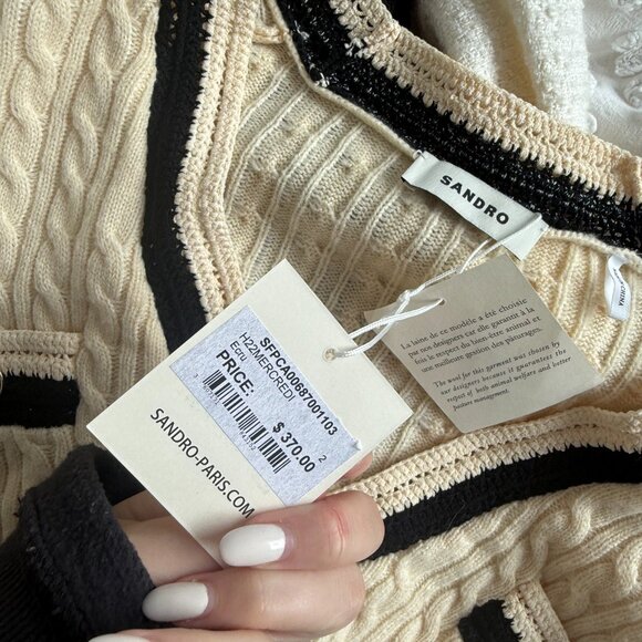 NWT Sandro Mercredi Cardigan Sweater Ecru Cable Knit V-Neck Wool Blend Contrast - Picture 4 of 10
